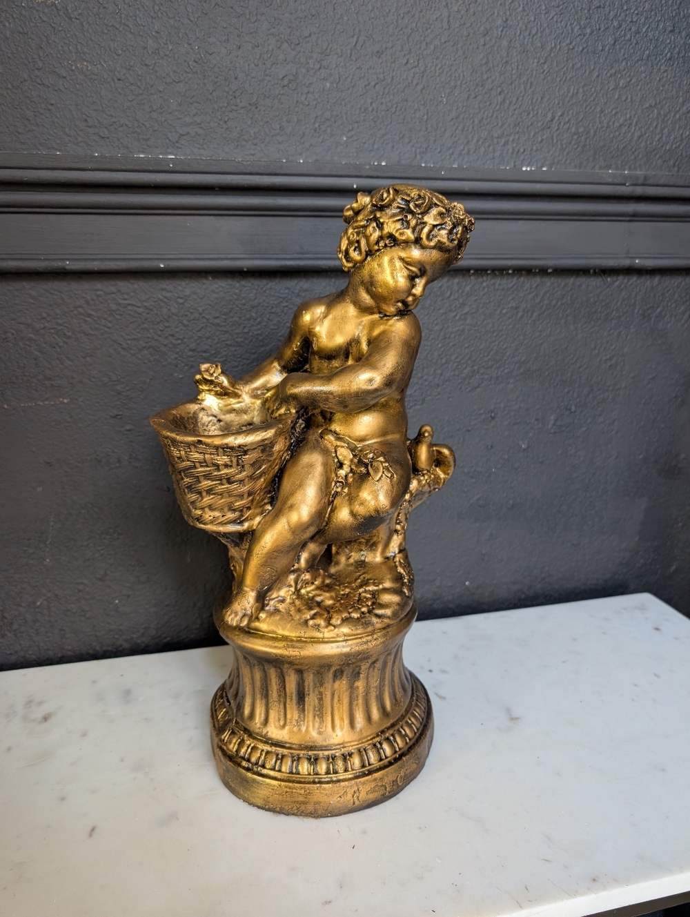 Vintage Gold Finish Chalkware Pottery.rnate Boy Cherub w/ BirdPlant Stand Figuri